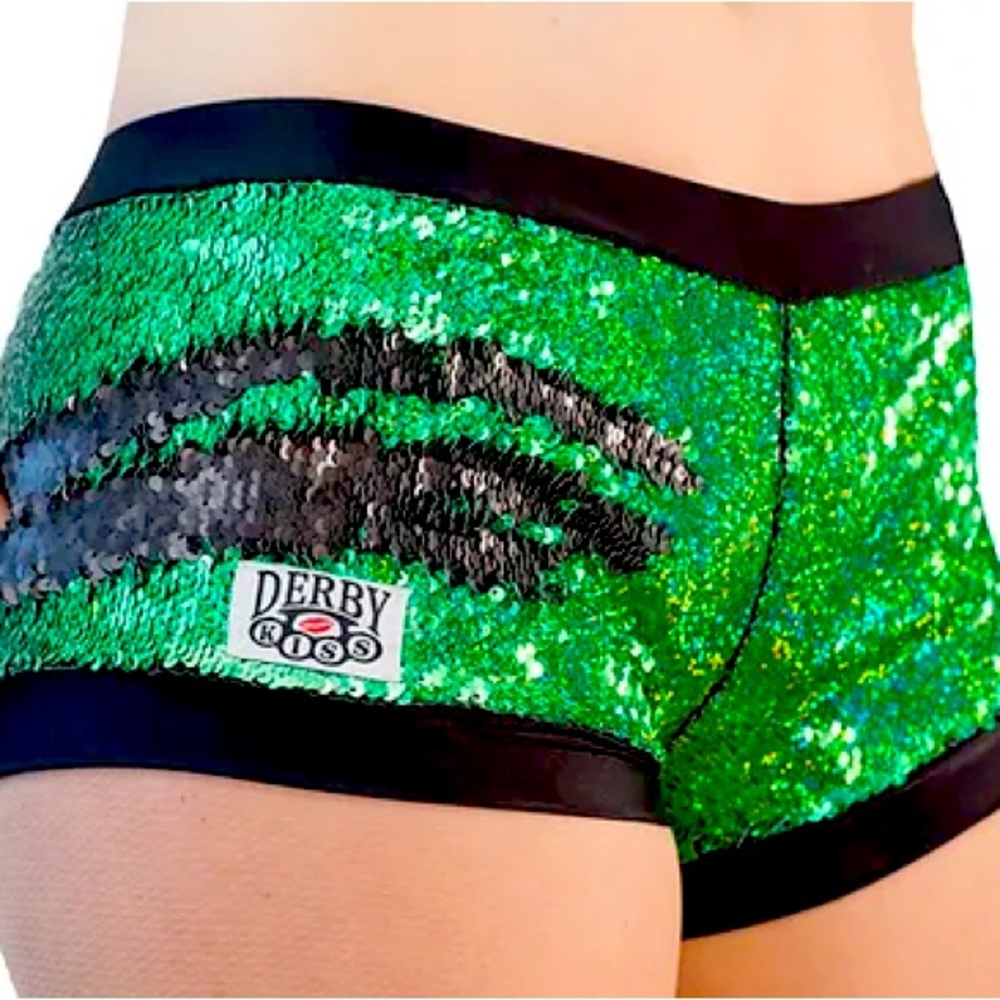 Derby Kiss Holographic Green/Matte Black Sequin Shorts in size XL